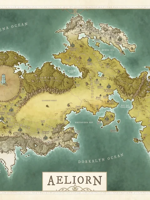 Close-up of the Aeliorn world map showing continents and seas
