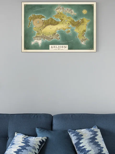 Oceans and landmasses of Aeliorn shown in a cohesive world map