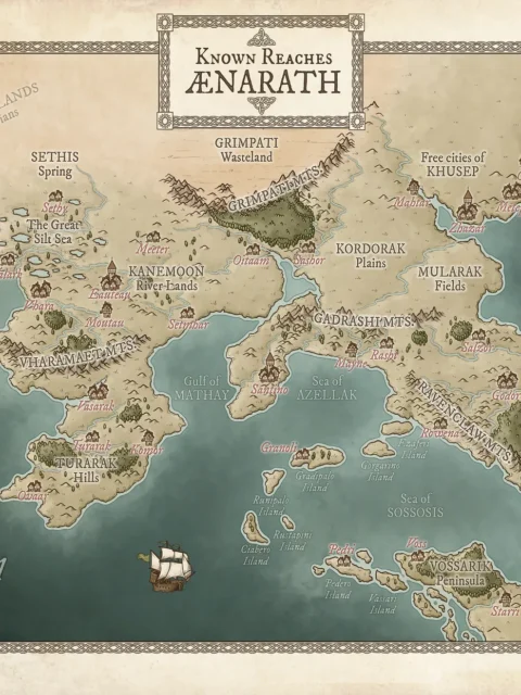 Close-up of the Aenarath map showing coastlines and regions