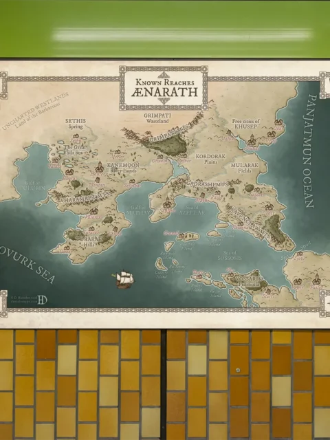 Top-down view of the Known Reaches of Aenarath with seas and plains