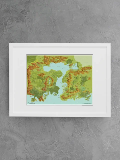 Expansive fantasy world map centered on a vast inland sea