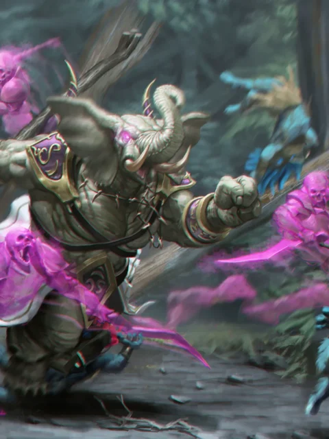 Horned warrior charging through spectral enemies