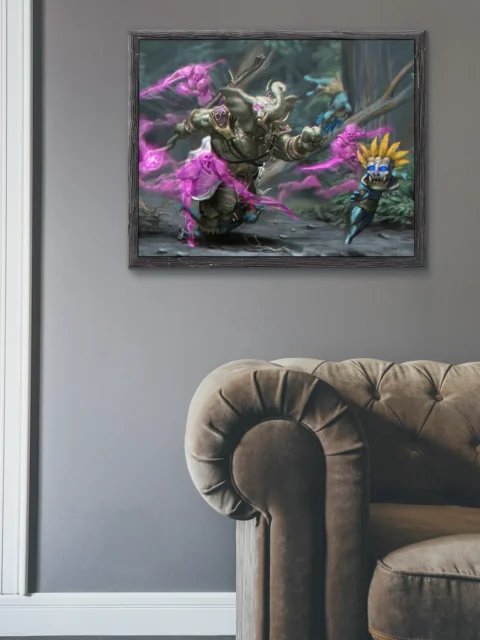 Ethereal fantasy battle featuring a horned champion