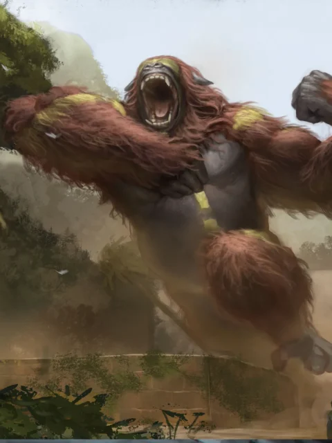 Giant creature leaping over jungle ruins