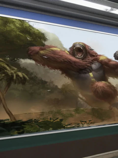 Colossal beast charging through ancient structures