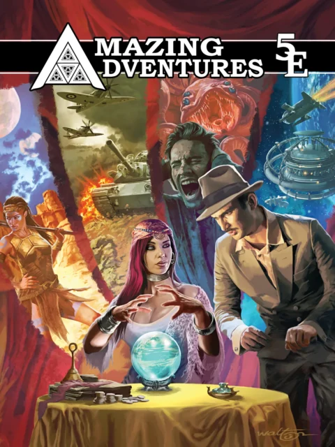 Amazing Adventures cover illustration with fortune teller and explorers