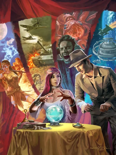 Amazing Adventures pulp fantasy illustration with occult and action scenes