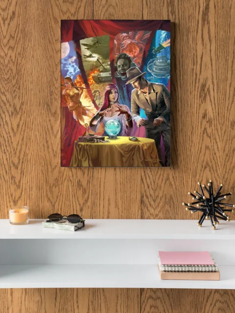 Cinematic pulp fantasy art with monsters, war, and mystery