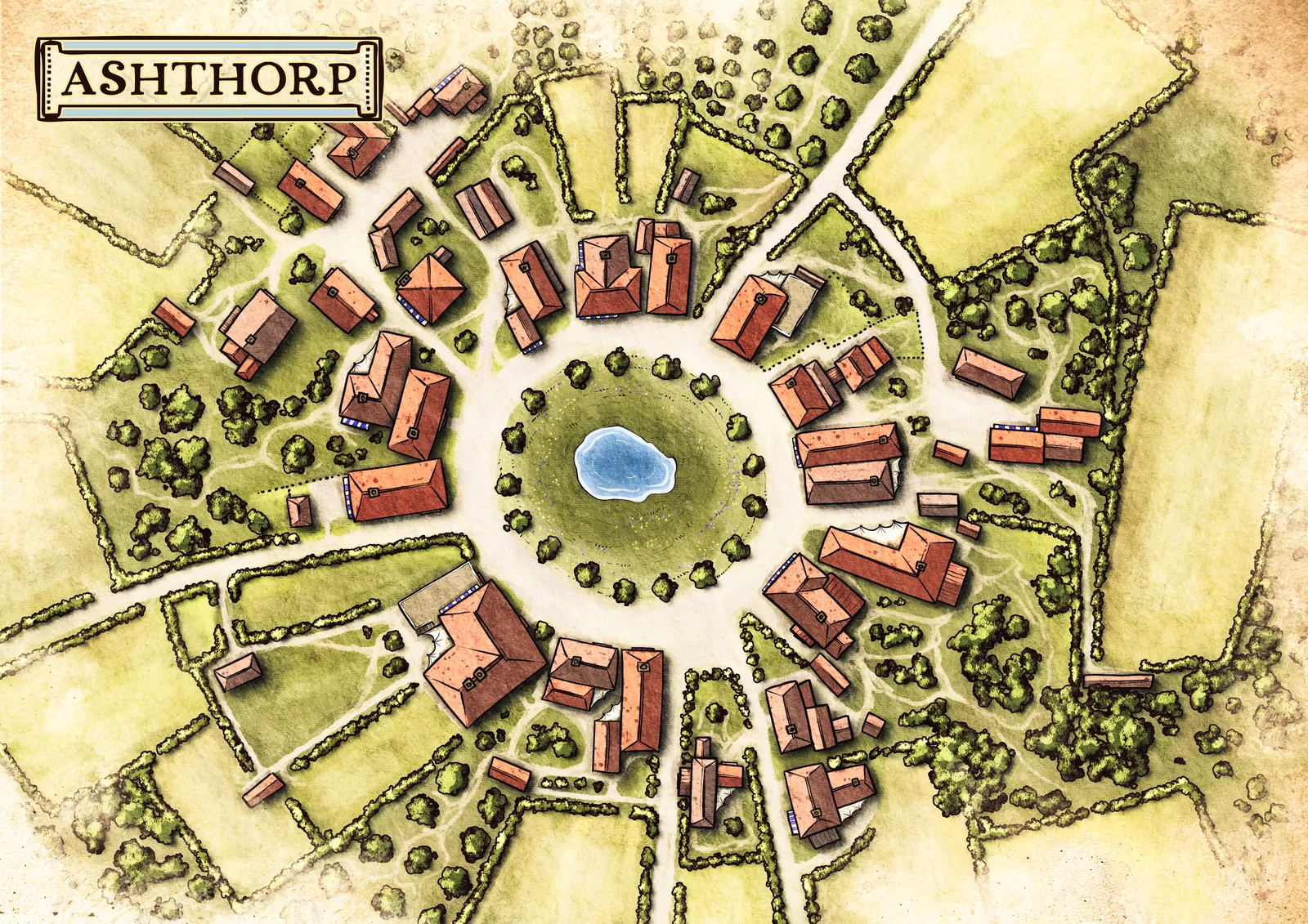 Ashthorp village map illustration showing a circular village layout