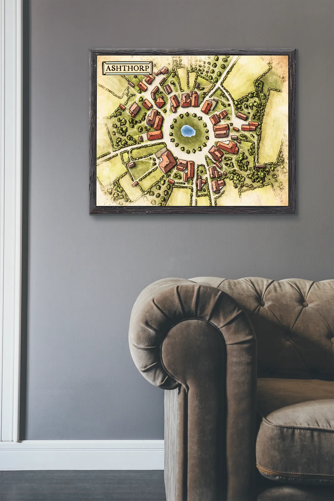 Overhead view of Ashthorp village map illustration with central pond