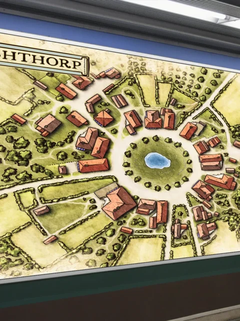 Detailed Ashthorp village map illustration with roads and homes