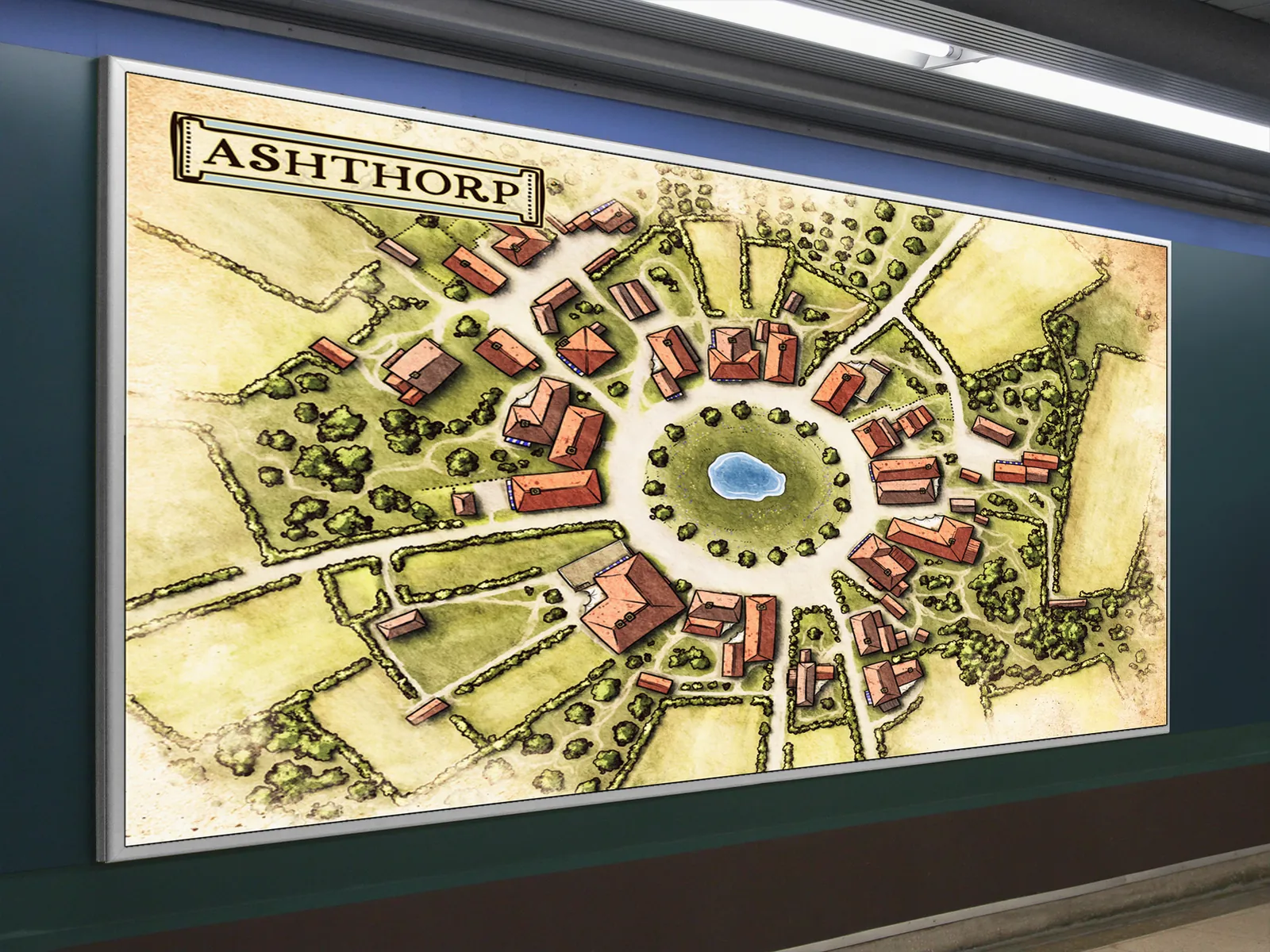 Detailed Ashthorp village map illustration with roads and homes