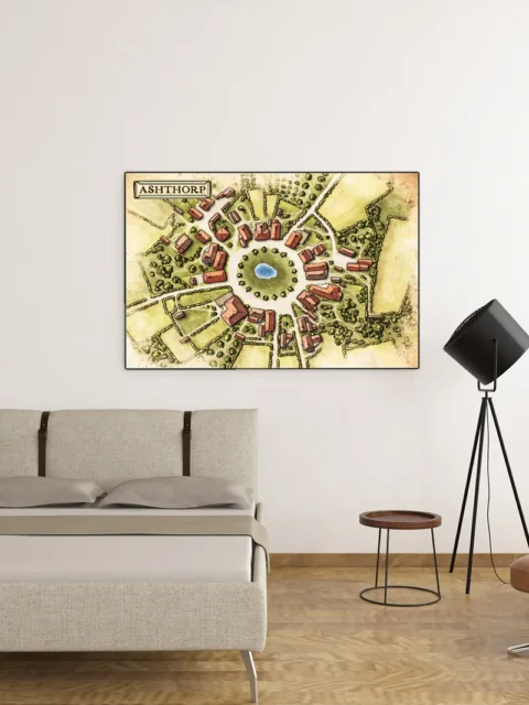 Rural settlement map with fields and clustered buildings