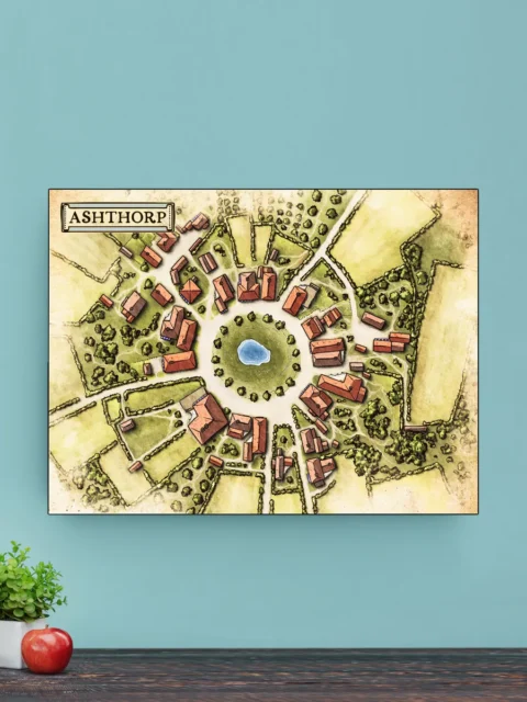 Top-down town layout surrounded by farmland and trees