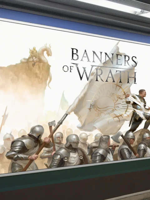 Epic fantasy battle scene with banner and marching troops