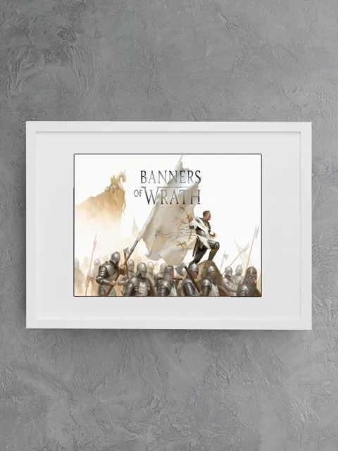 Close view of raised standard and armored ranks