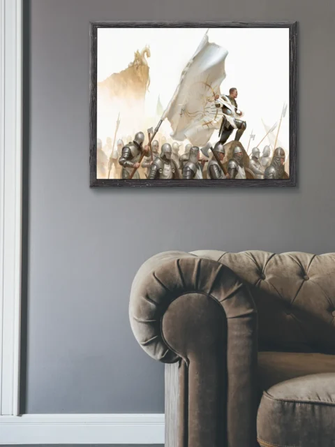 Close view of banner and armor in epic fantasy scene