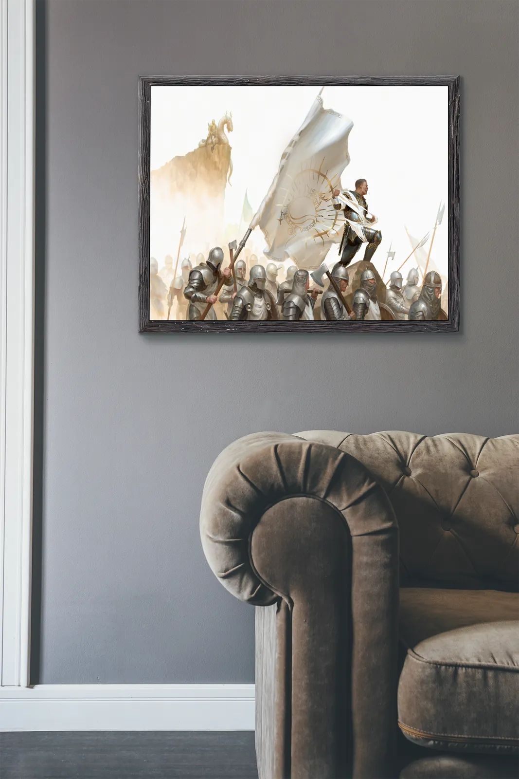 Close view of banner and armor in epic fantasy scene