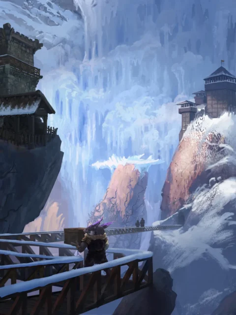 Icy mountain fortress spanning a deep chasm