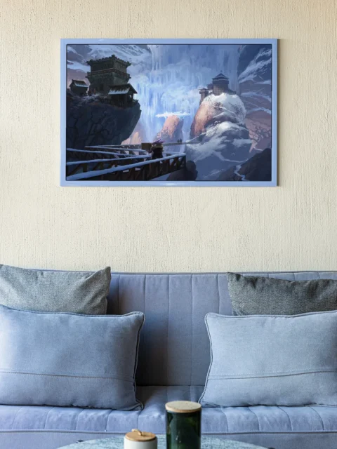 Snow-covered towers above a frozen ravine