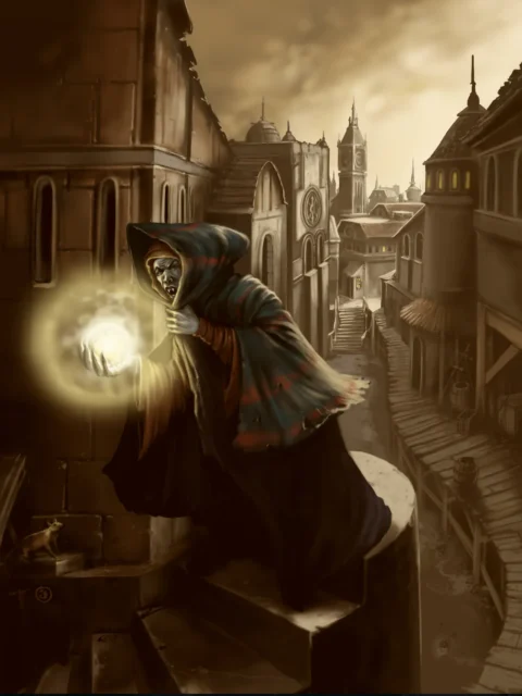 Fantasy illustration of cloaked mage holding glowing orb in city