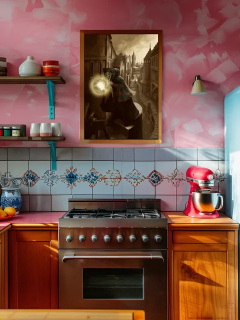 Arcane fantasy artwork featuring glowing sphere and stone rooftops