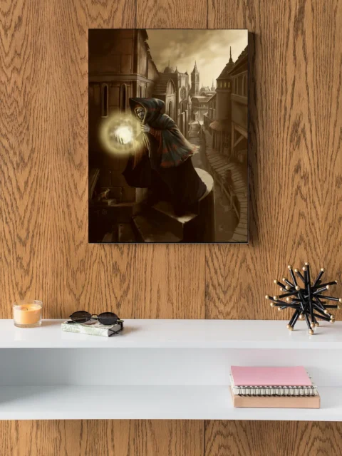 Dark fantasy city scene with magical artifact and hooded figure