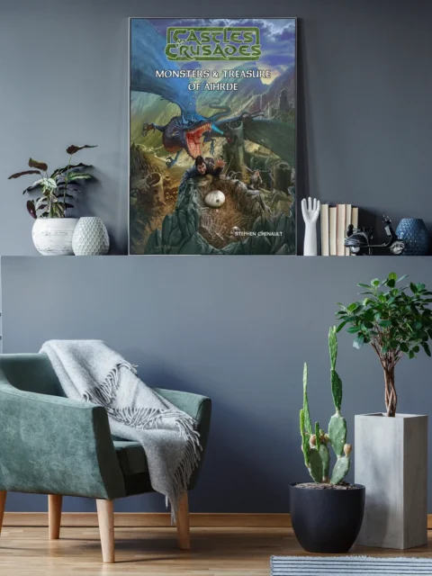 Aihrde setting cover art with ruined towers and dragon