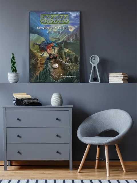 Tabletop fantasy cover scene with heroes and dragon nest