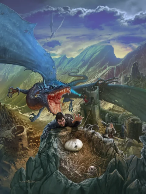 Blue dragon attacking adventurers above ruined towers