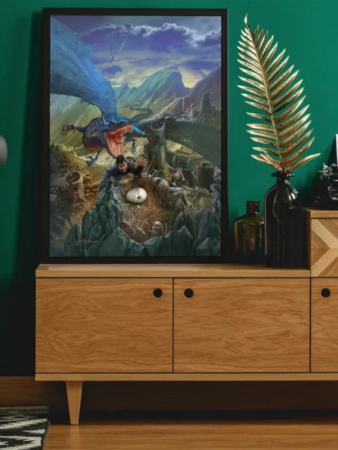 Fantasy illustration of dragon guarding an egg