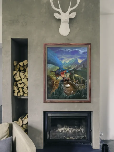 High fantasy dragon scene with crumbling stone ruins