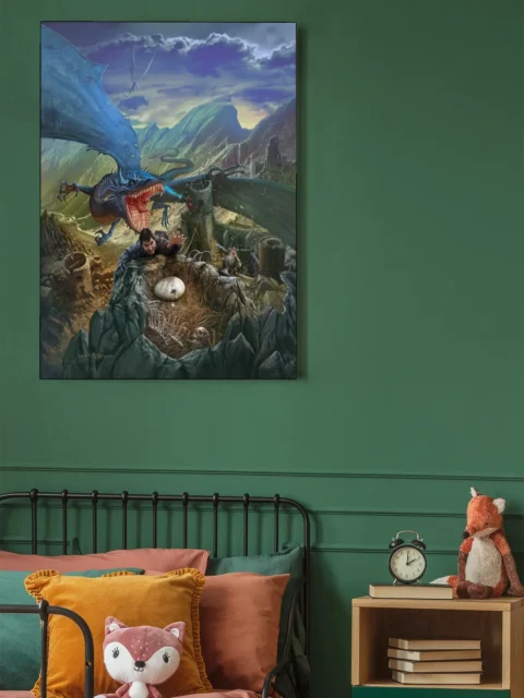 Epic fantasy artwork featuring dragon and heroes