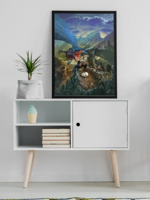 Dragon nest scene in mountainous fantasy landscape