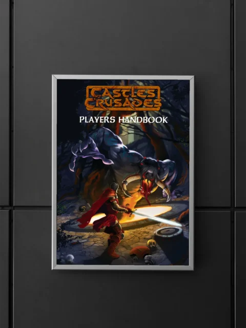 Fantasy RPG cover art showing hero fighting horned demon