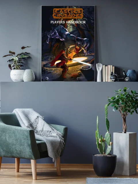 Cavern fantasy cover art with warrior and demonic creature