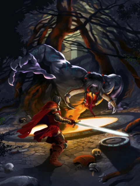 Fantasy illustration of hero battling horned monster