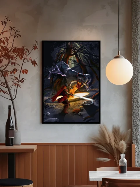 Dark forest fantasy artwork with warrior and creature