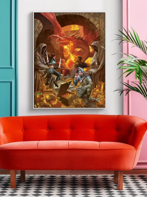 Dragon dungeon scene with heroes and treasure