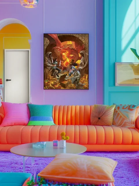 High fantasy artwork featuring red dragon confrontation