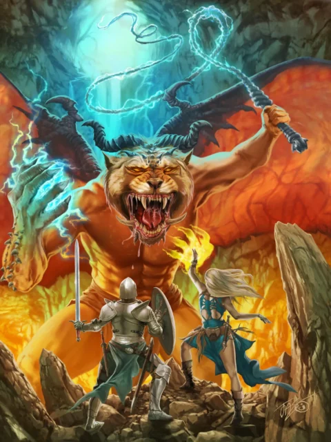Fantasy illustration of heroes battling horned demon
