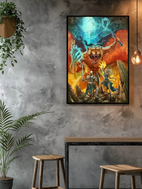 Dark fantasy artwork with lightning and fire demon