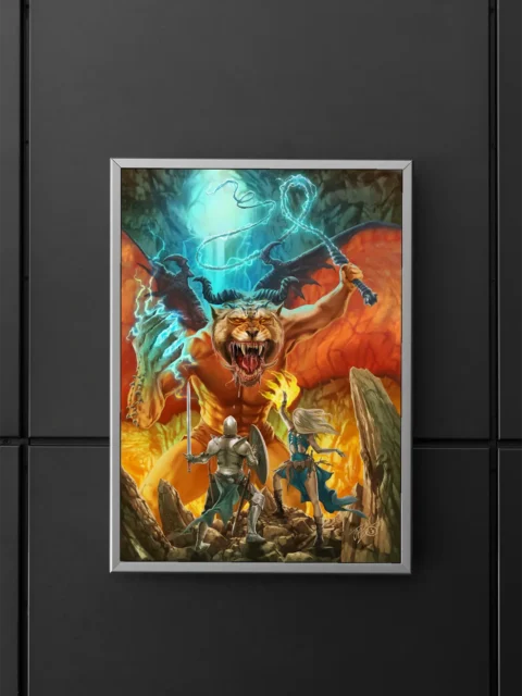 Tabletop fantasy scene with heroes versus demon