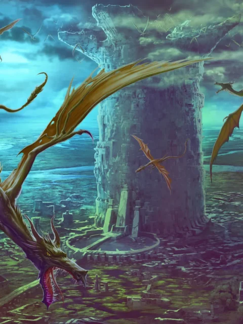 Fantasy illustration of towering spire with circling dragons