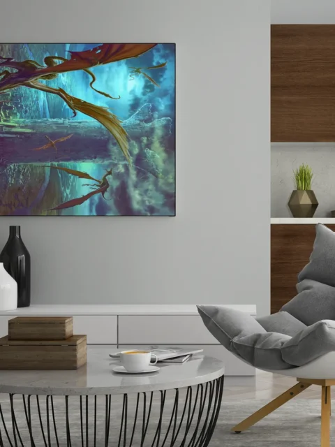 High fantasy artwork showing massive tower and flying dragons