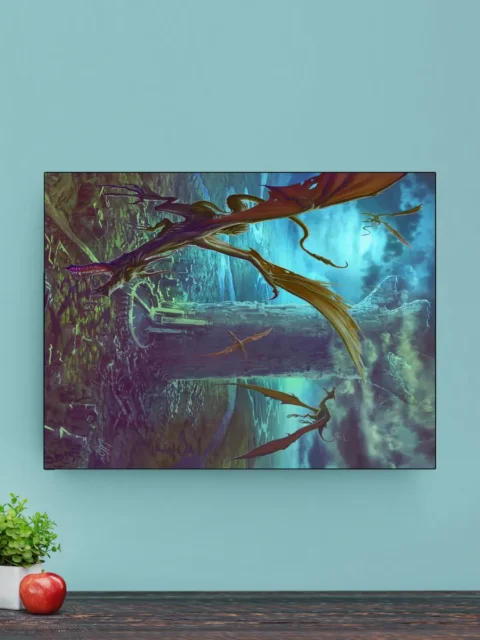 Epic fantasy scene with dragons above ancient tower