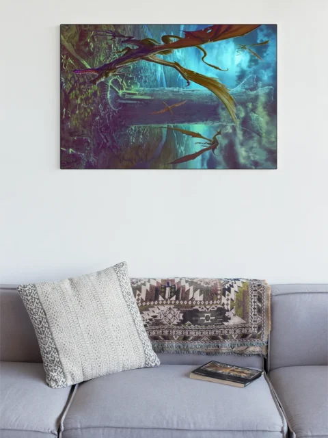 Aerial dragon illustration over ruined landscape