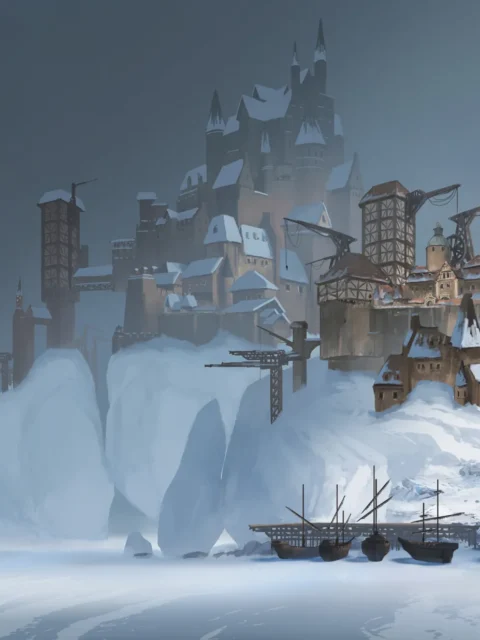 Frozen fortress city built into icy cliffs