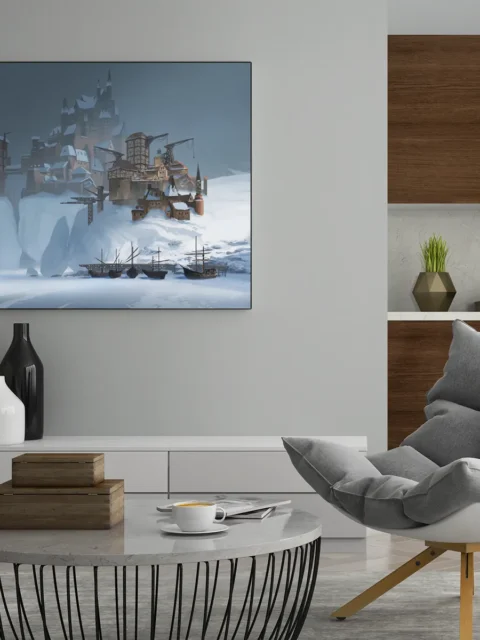 Snow-covered stronghold overlooking a frozen harbor