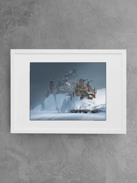 Icy coastal stronghold with towers and cranes